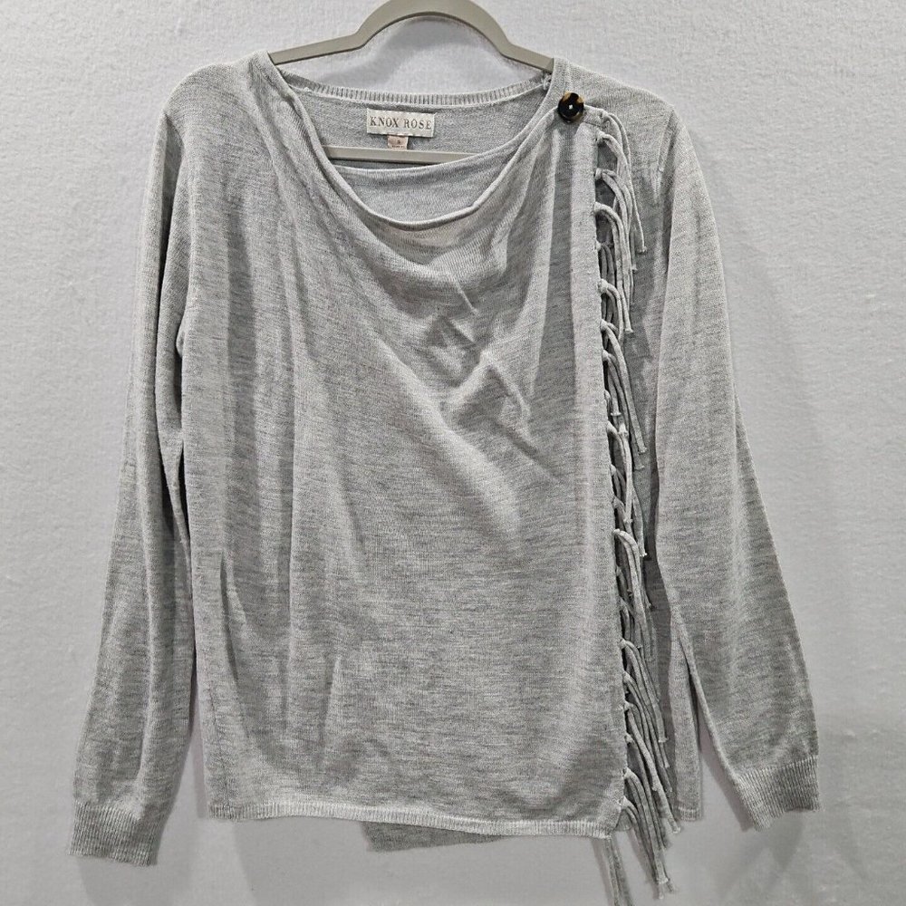 Knox Rose Cardigan Sweater Womens Small Fringe Wrap Front Gray Long Sleeve Boho